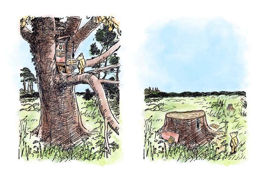Winnie the pooh Winnie the pooh on standing in a tree on the left, and standing looking at a stump on the right