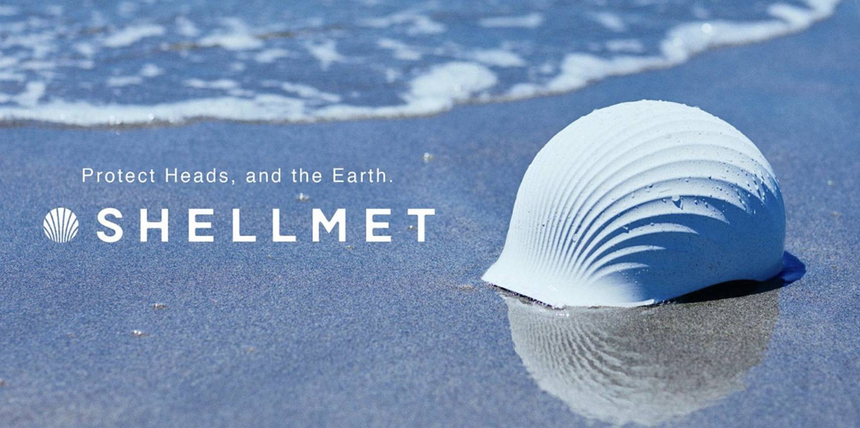 Screen Shot 2023-07-17 at 3.09.06 PM Image of a shell in the form of a helmet on the beach with waves in the background. To the left of the helmet in white copy reads "Protect Heads, and the Earth. Shellmet"