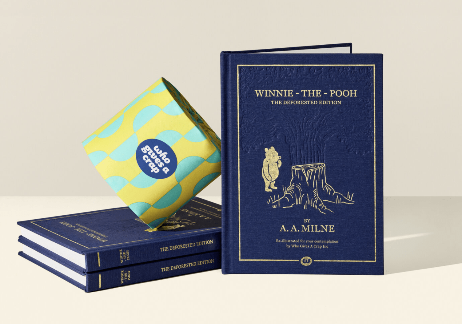 Who Gives a Crap toilet paper roll next to the Winnie-The-Pooh: Deforested Edition